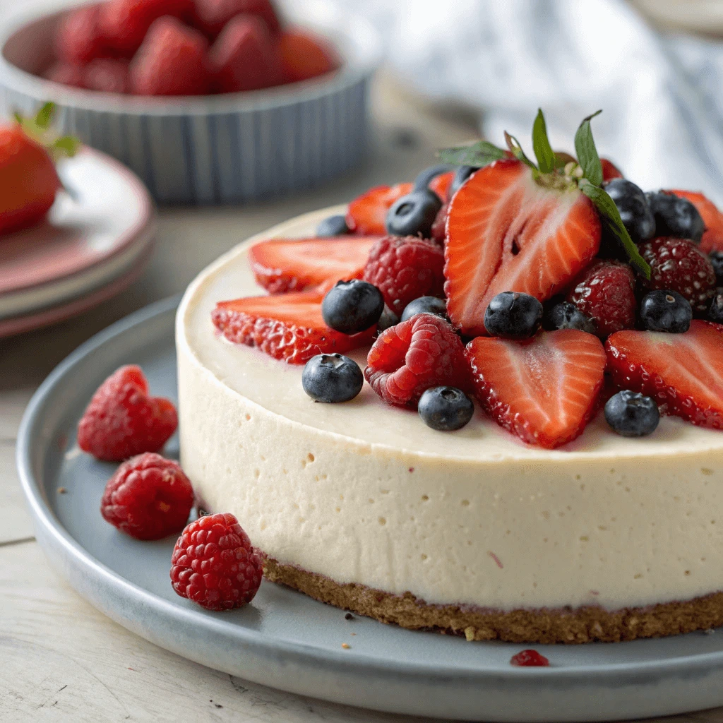 Close-up of creamy no-bake protein cheesecake topped with fresh berries