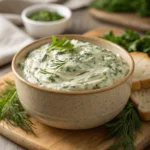 Close-up of healthy spinach dip with fresh herbs on top in a rustic bowl