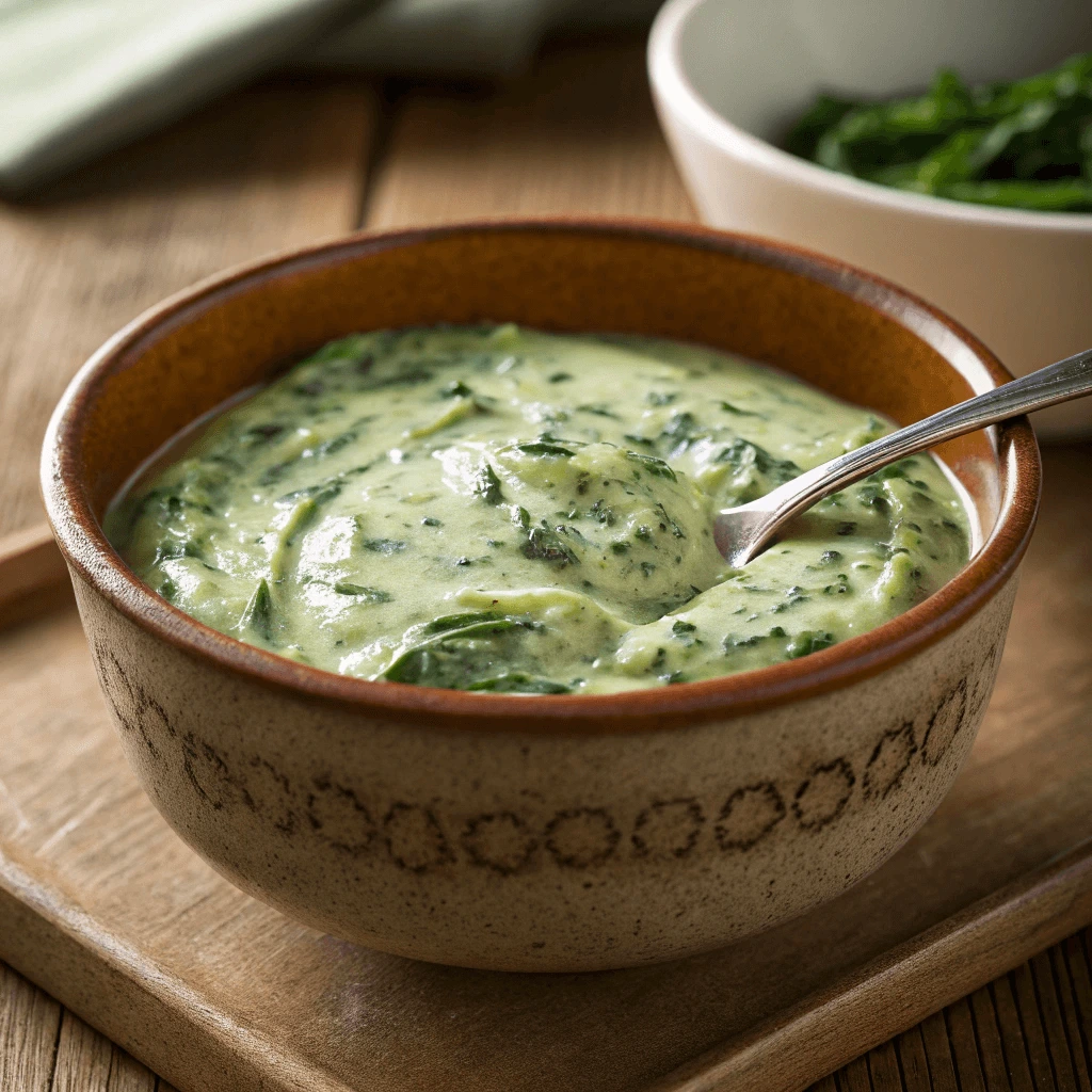 Close-up of smooth, creamy spinach dip in a rustic bowl with a spoon