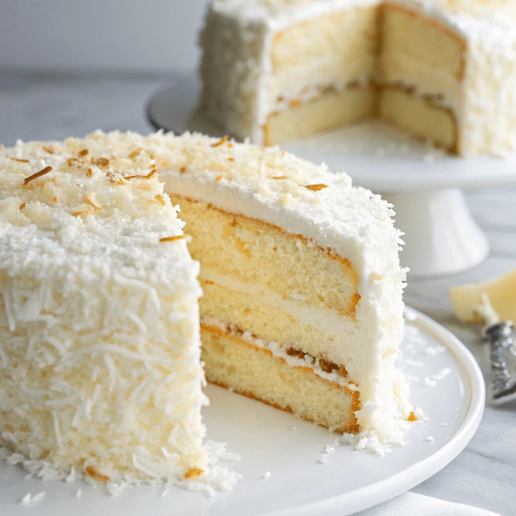 Close-up of moist and fluffy coconut cake texture with visible shredded coconut bits