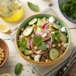 Colorful bowl of Jennifer Aniston’s favorite salad with quinoa, cucumbers, red onions, chickpeas, feta, and fresh herbs.