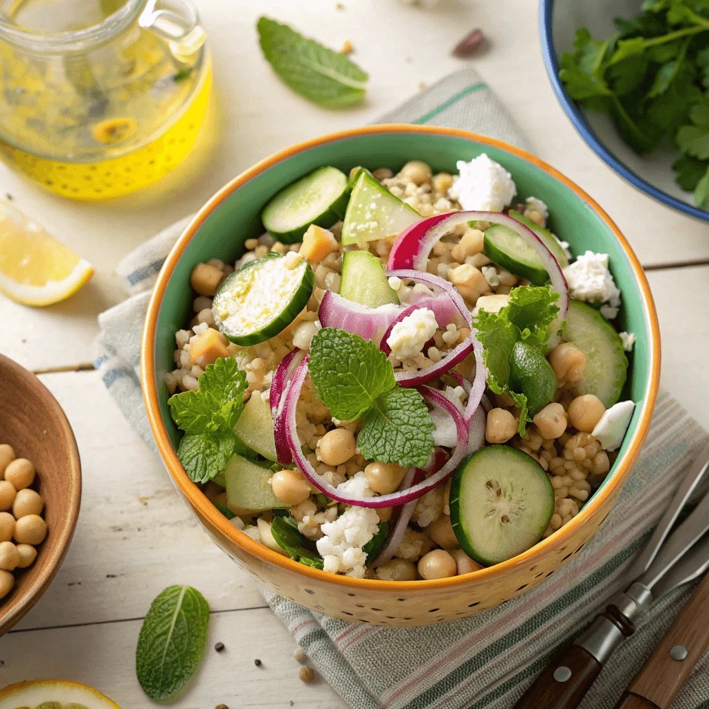 Colorful bowl of Jennifer Aniston’s favorite salad with quinoa, cucumbers, red onions, chickpeas, feta, and fresh herbs.