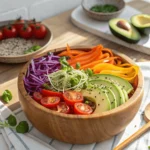 Colorful raw vegan salad with fresh vegetables and avocado in a bowl