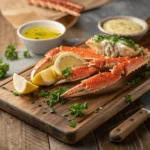 : Crab legs served with garlic butter and fresh parsley on a wooden board