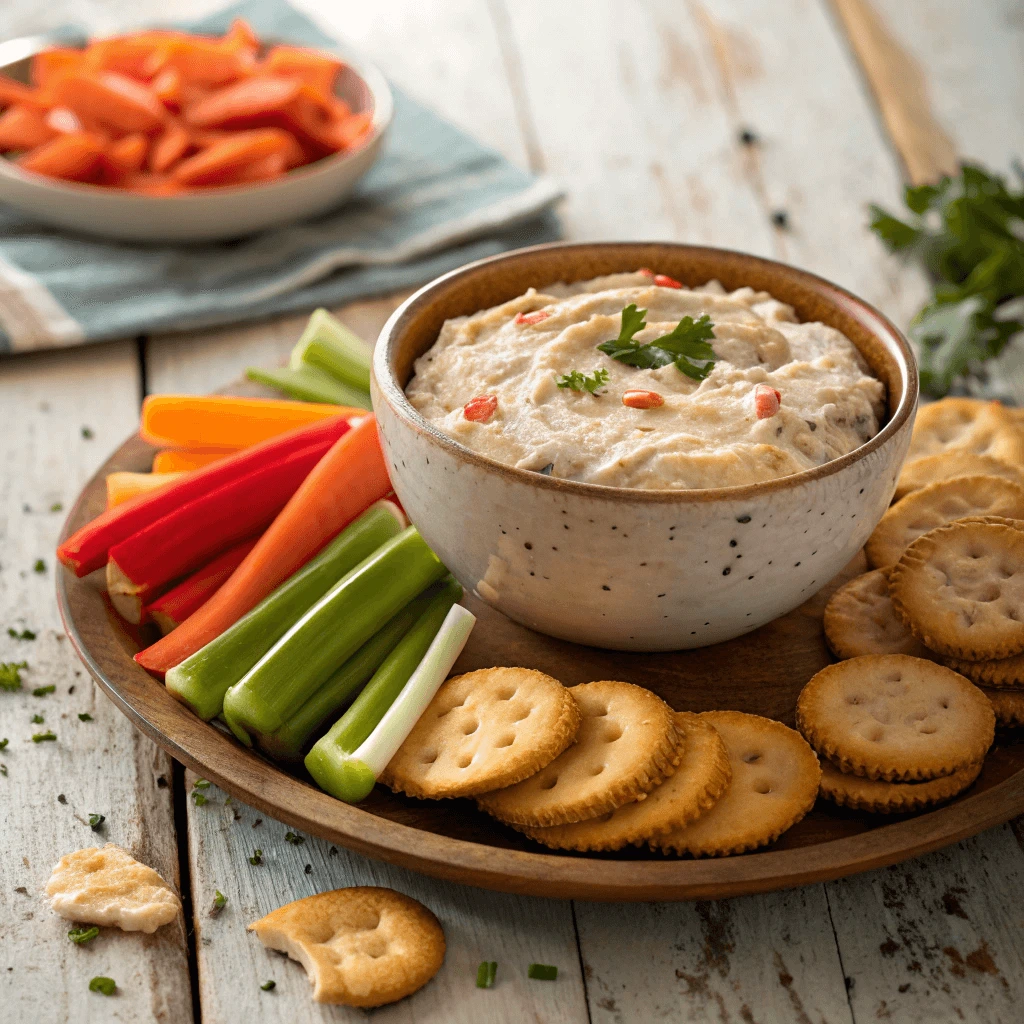 Creamy crab dip served with crackers and fresh vegetables on a rustic wooden table