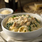 Creamy garlic turkey Alfredo pasta with spinach in a white bowl topped with Parmesan