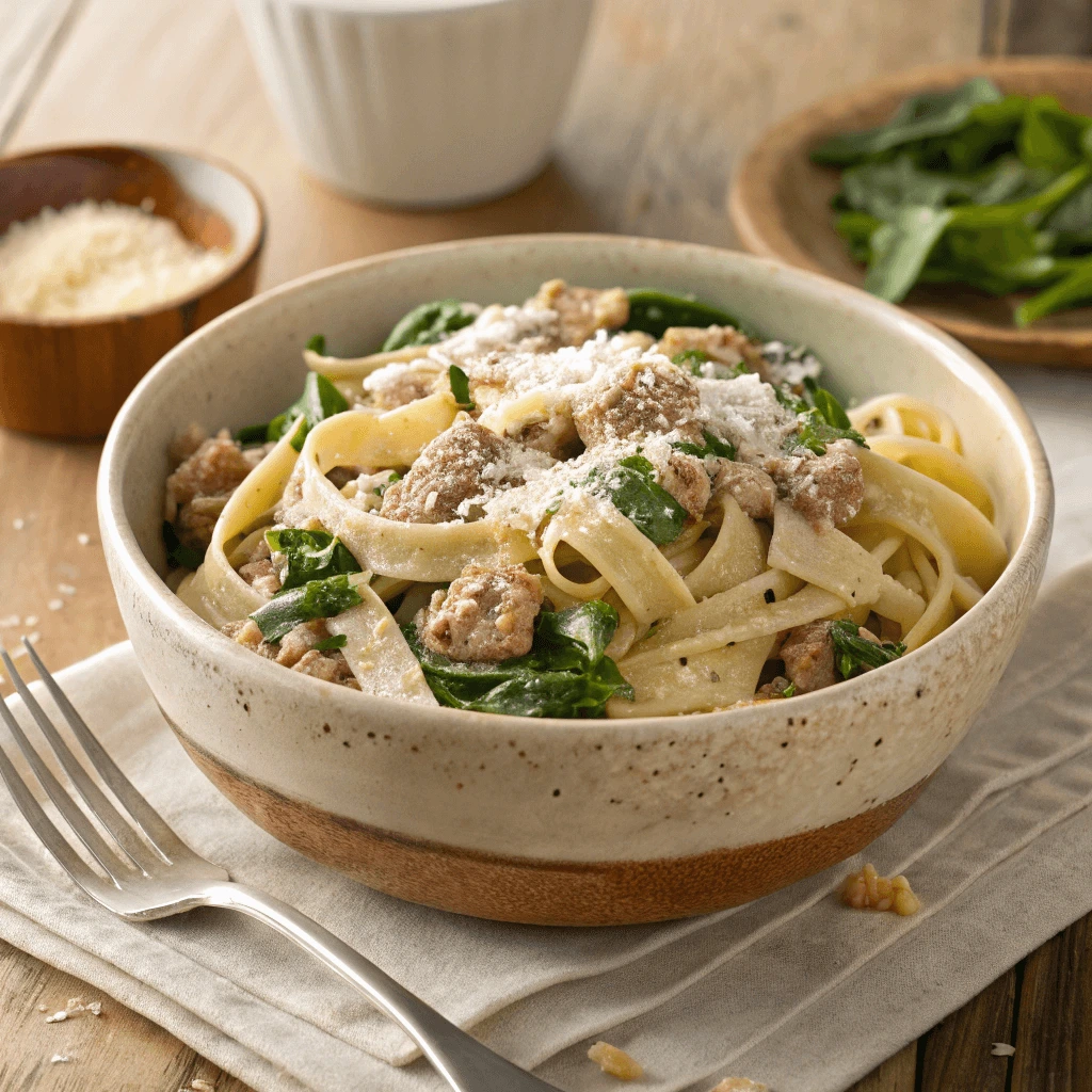 Creamy ground turkey pasta with spinach and parmesan