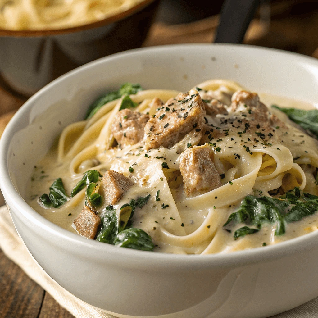 Creamy spinach and ground turkey Alfredo pasta topped with parmesan cheese