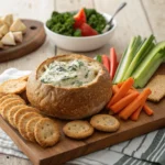 Creamy spinach dip served in a rustic bread bowl with fresh veggies and crackers on the side