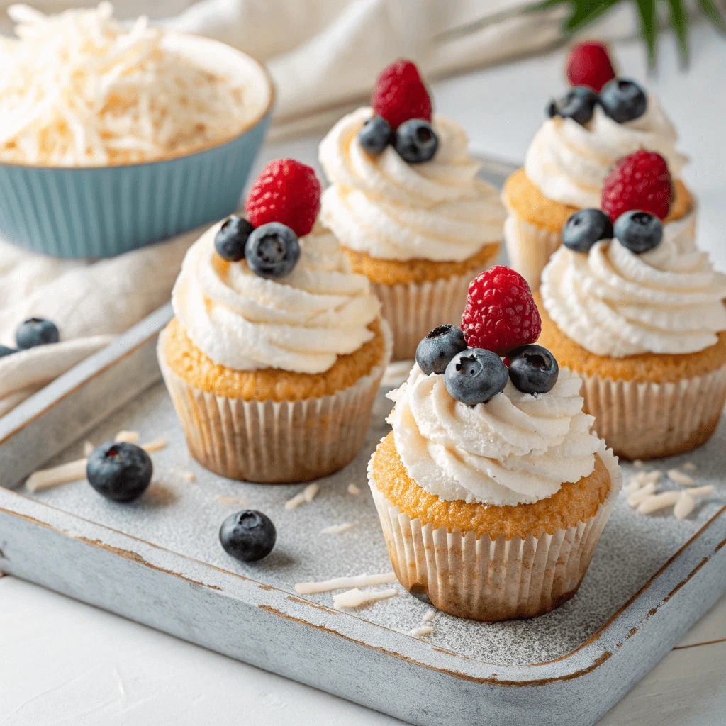 Cupcakes made from moist and fluffy coconut cake topped with coconut cream and fresh berries