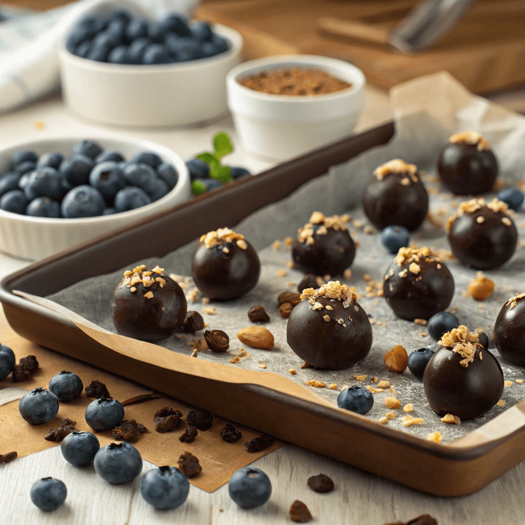 Chocolate covered blueberries sprinkled with chopped nuts on a serving plate