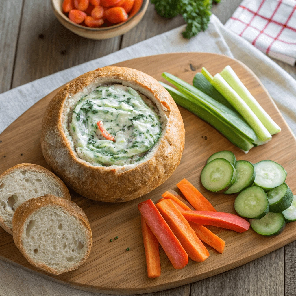 Spinach dip in a bread bowl surrounded by fresh veggies on a wooden platter