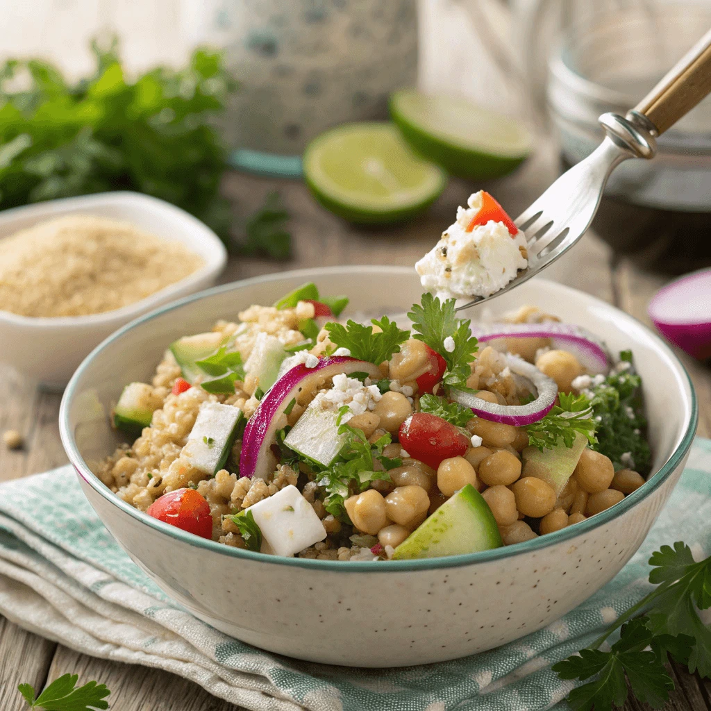 Hand holding a fork with a bite of Jennifer Aniston Salad featuring quinoa, cucumber, and feta