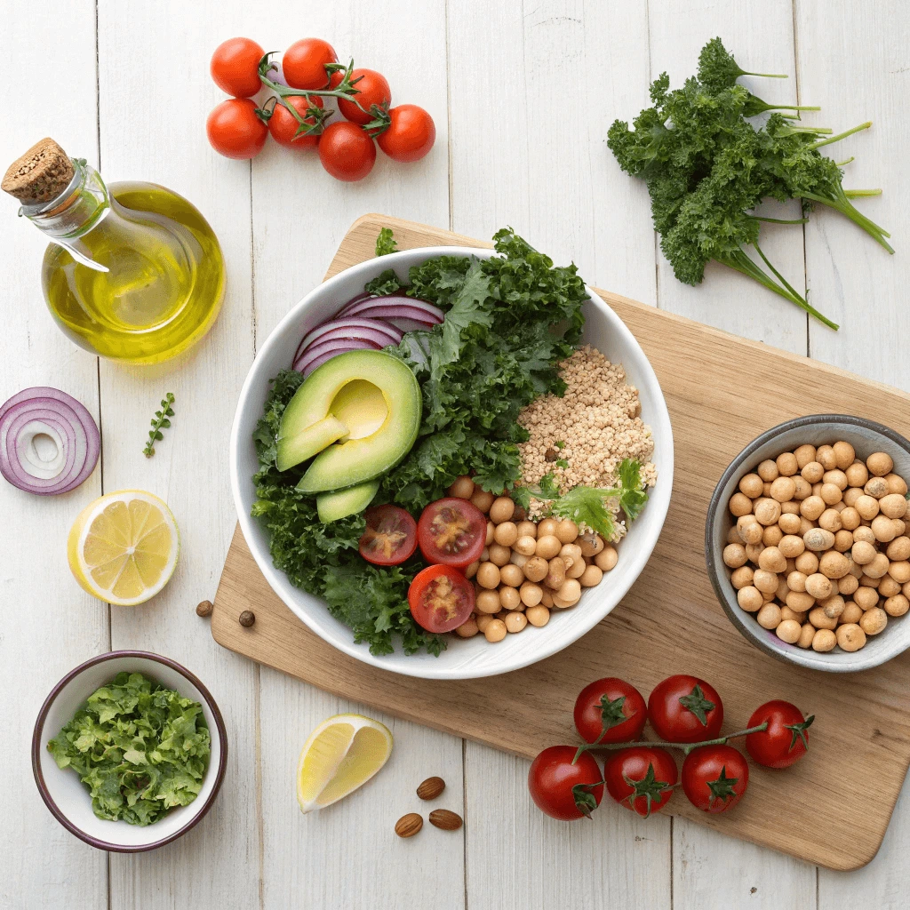 Ingredients for Jennifer Aniston Salad laid out on kitchen counter before assembly