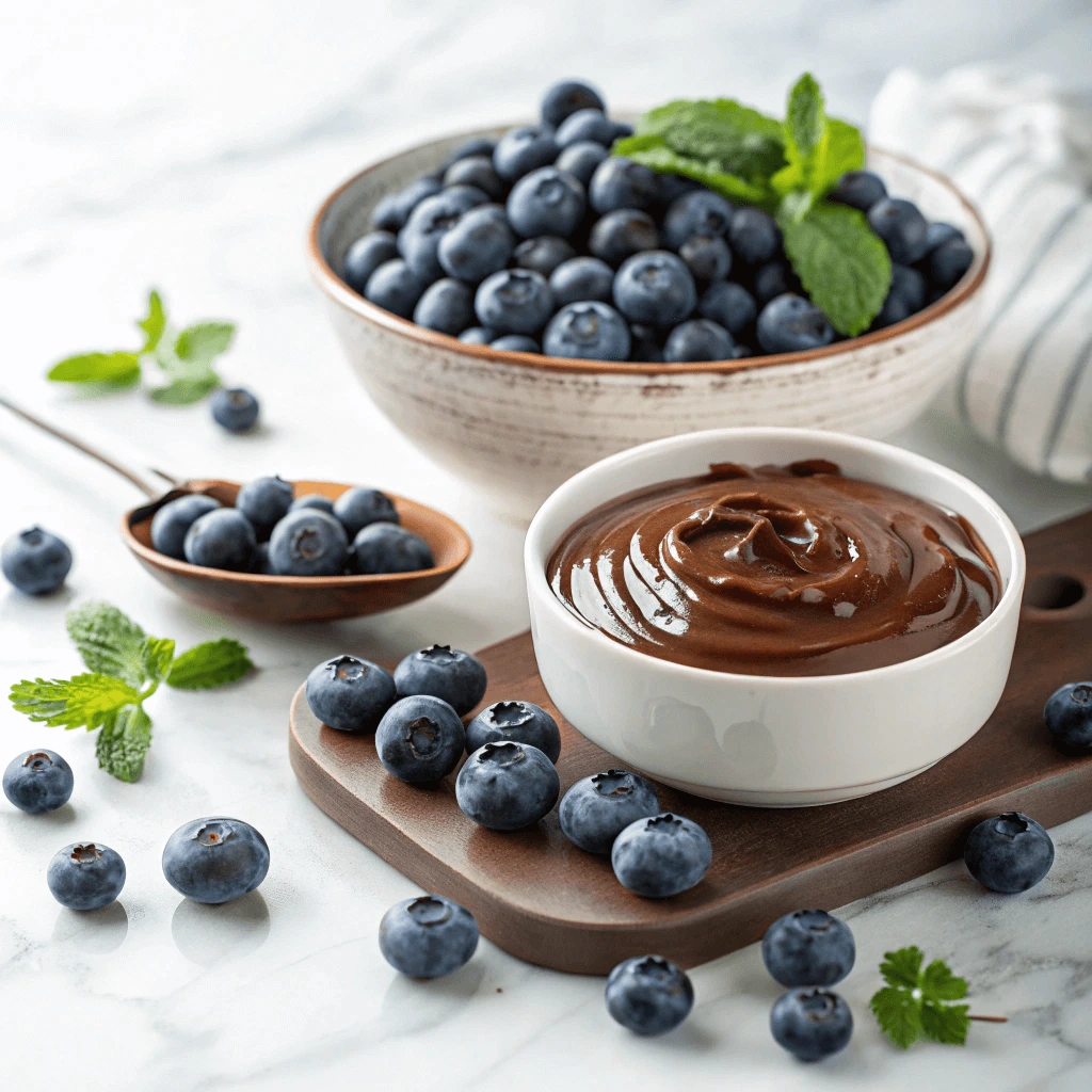 Fresh blueberries and melted chocolate ready for dipping