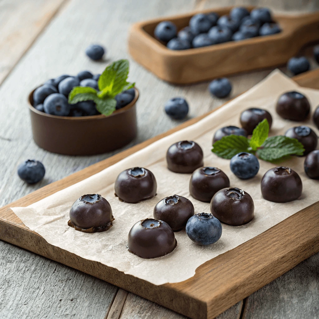 Fresh blueberries dipped in melted chocolate on parchment paper