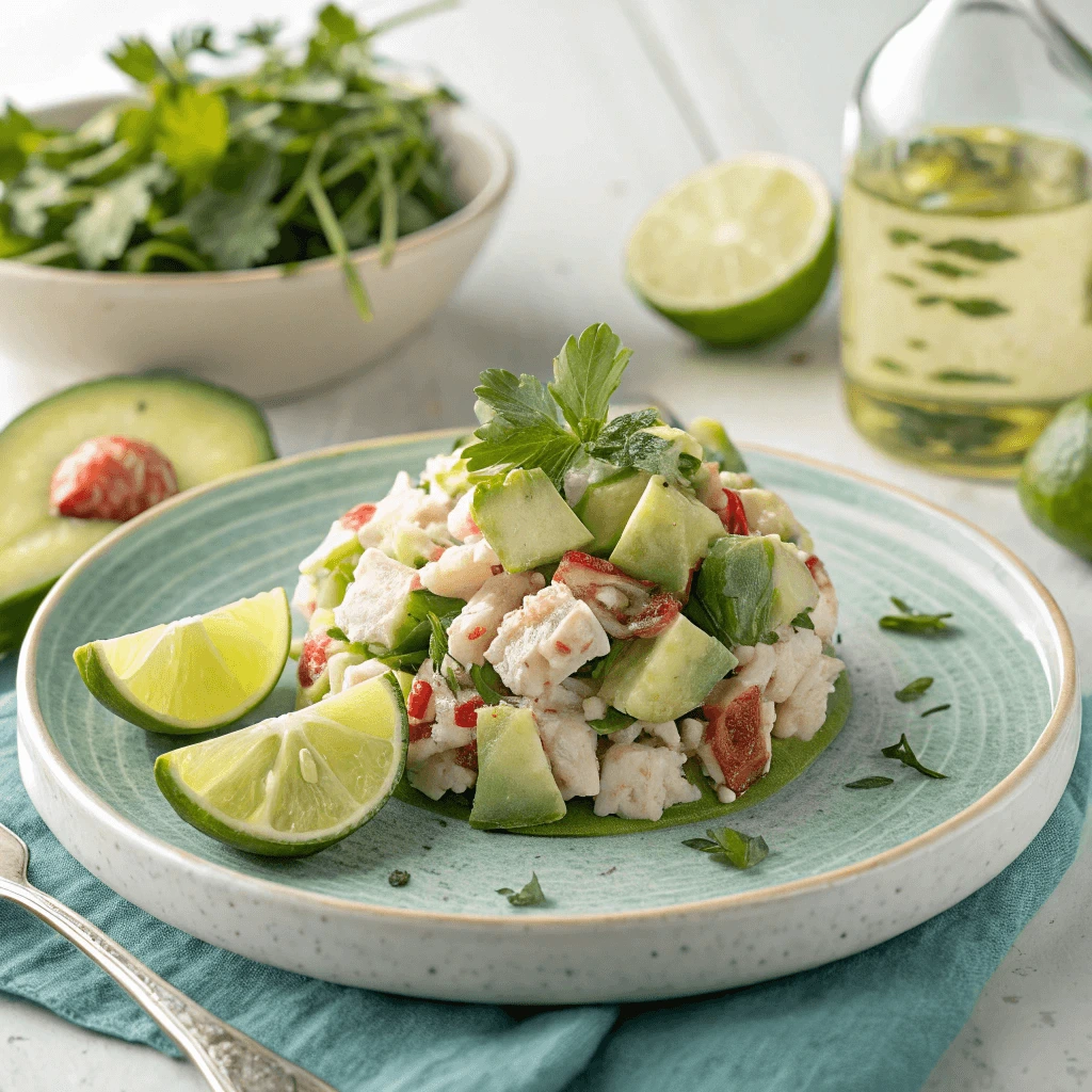 Fresh crab salad with avocado, lime, and cilantro served in a glass bowl