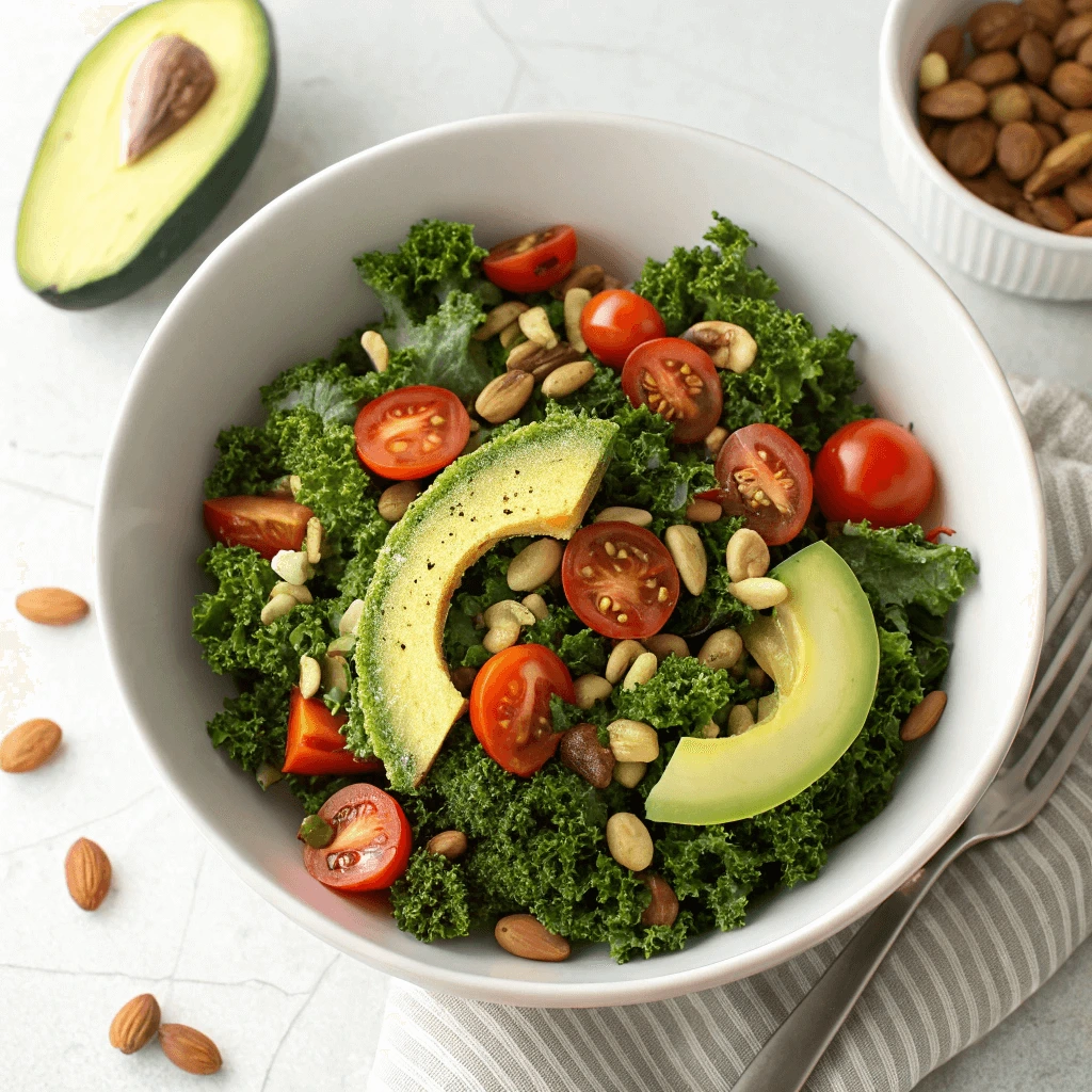 Fresh Jennifer Aniston Salad with kale, avocado, cherry tomatoes, and nuts in a white bowl
