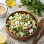 Fresh Jennifer Aniston Salad with vibrant greens, quinoa, chickpeas, and feta cheese in a wooden bowl
