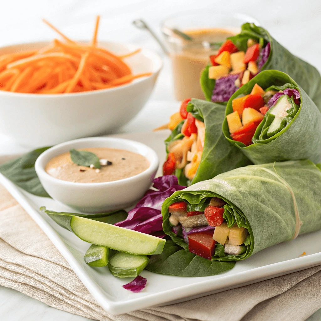 Fresh raw veggie wraps with almond butter sauce and colorful vegetables