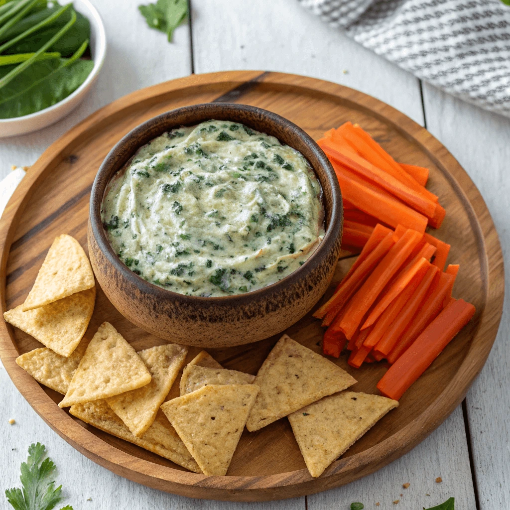 Fresh spinach dip served with tortilla chips and carrot sticks on a wooden platter
