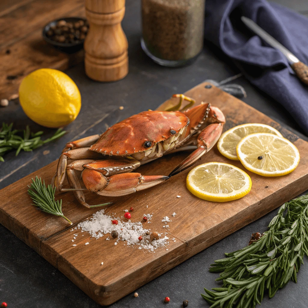 Fresh whole crab ready for cooking on a kitchen counter