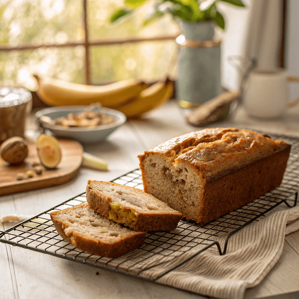 Banana bread cooling on a wire rack with a slice cut out, showing a tender crumb.