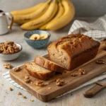 Freshly baked banana bread loaf sliced on a wooden cutting board with bananas in the background.