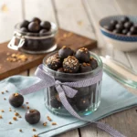 Jar filled with chocolate covered blueberries tied with a ribbon, perfect for gifting