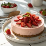 Gluten-free strawberry protein cheesecake topped with fresh strawberry slices.