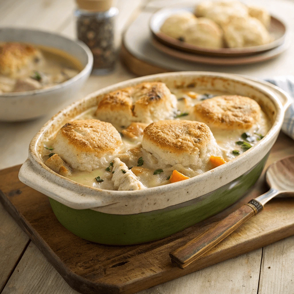 Golden-brown chicken cobbler fresh from the oven in a rustic baking dish