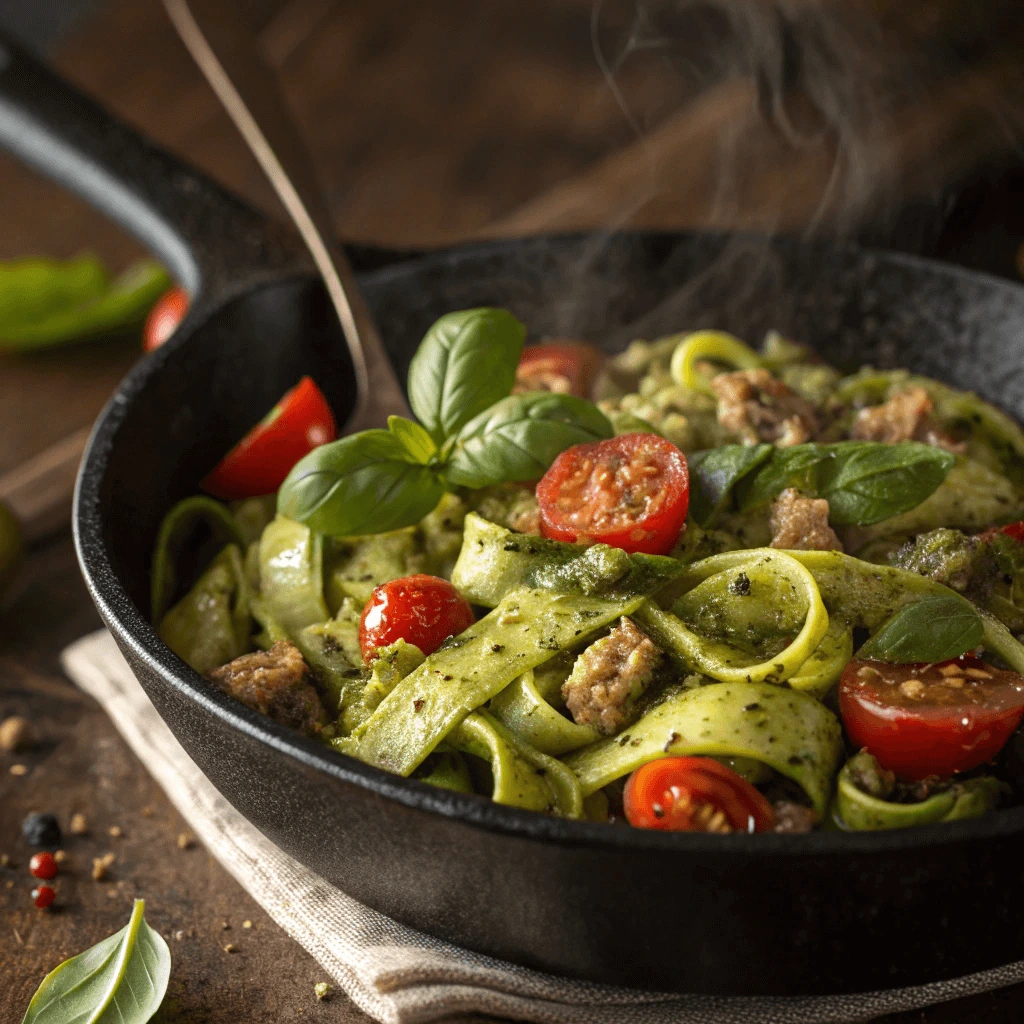 Ground turkey pesto pasta tossed with zucchini ribbons and cherry tomatoes in a skillet