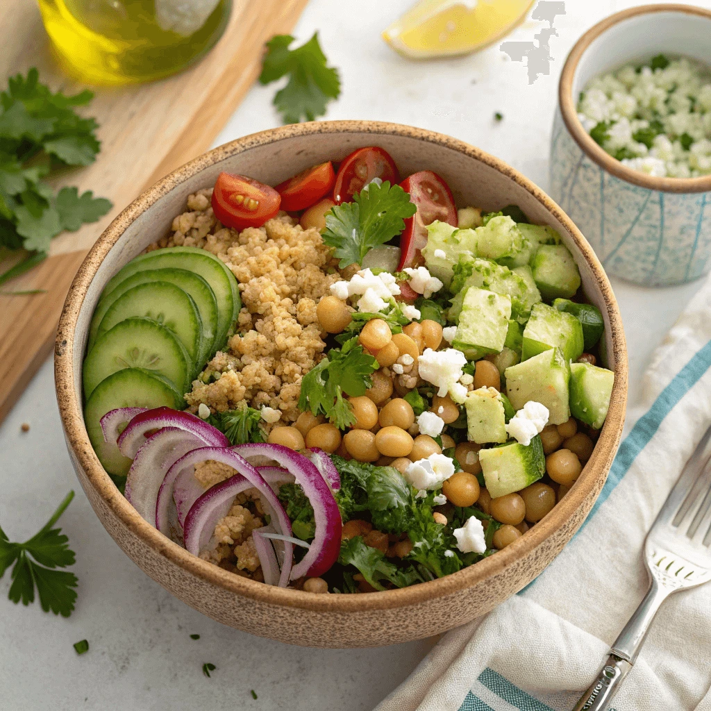 Healthy bowl of Jennifer Aniston’s favorite salad packed with plant-based protein and fiber.