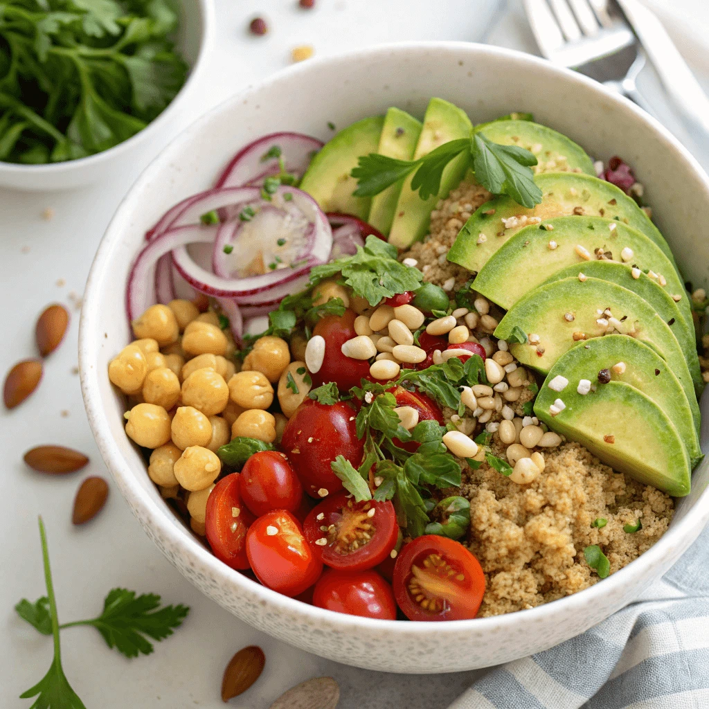 A bowl of Jennifer Aniston Salad served with nuts and seeds topping