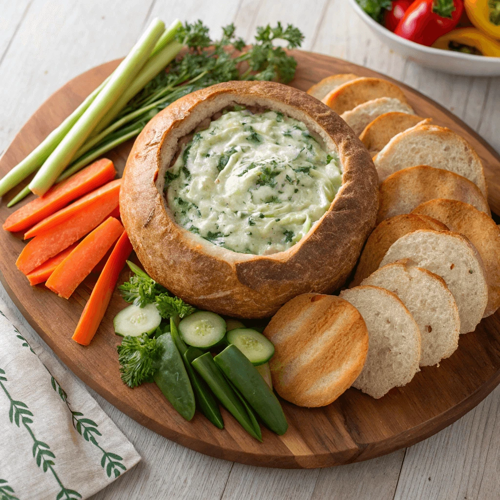 Healthy spinach dip in a bread bowl surrounded by fresh vegetables and chips