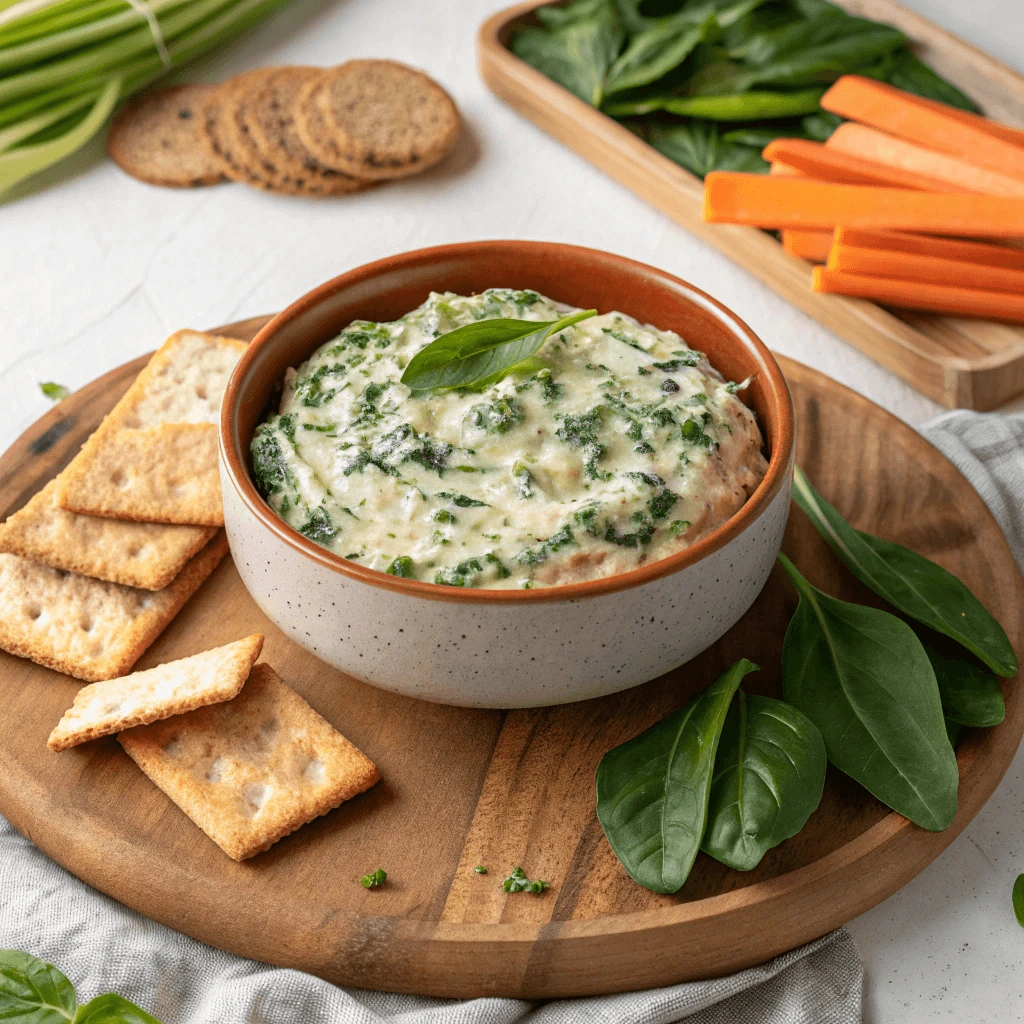 Healthy spinach dip paired with whole-grain crackers on a wooden serving board