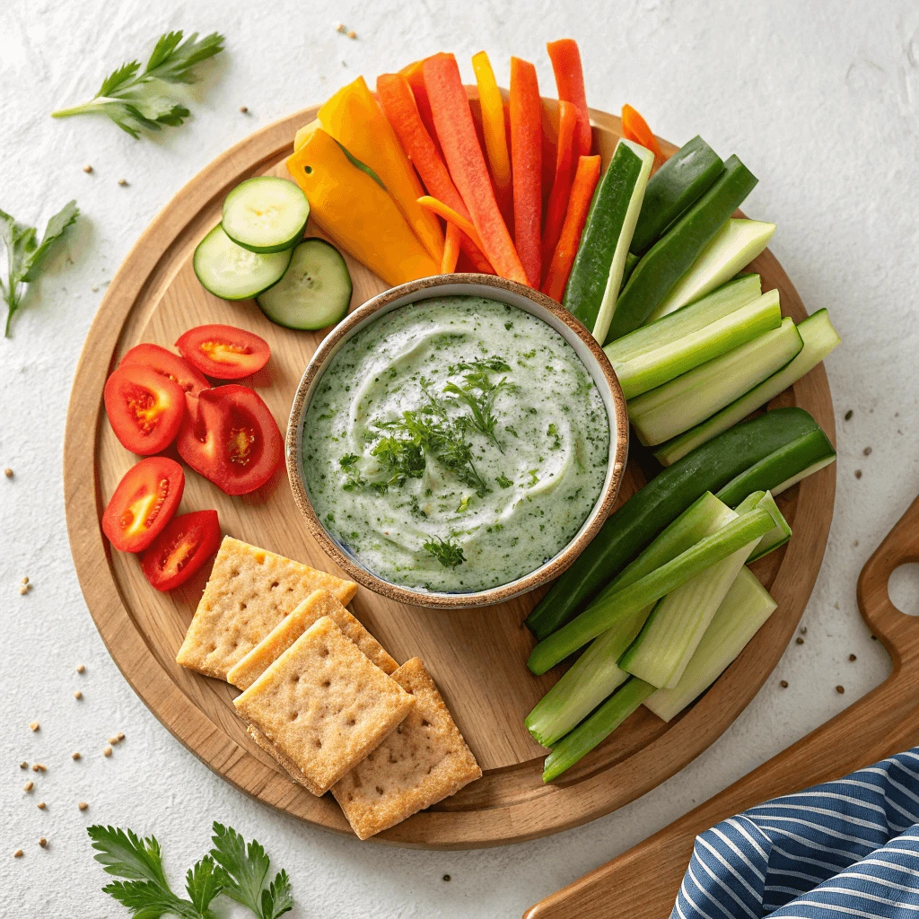 Easy homemade spinach dip served with colorful vegetable sticks and crackers