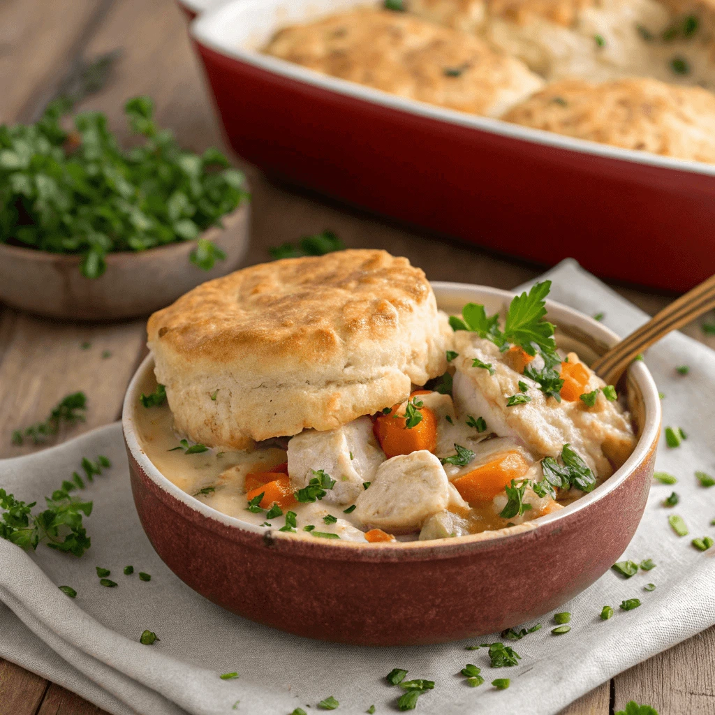 Homemade chicken cobbler served in a rustic ceramic dish with herbs on top