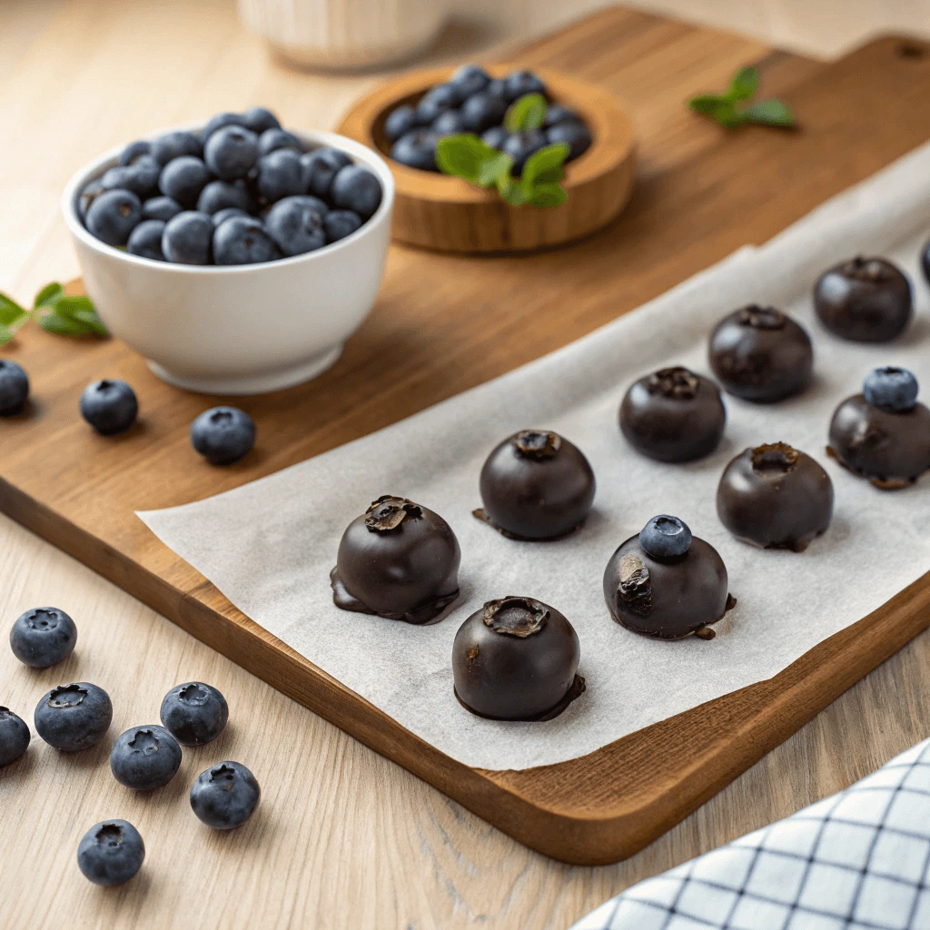 Close-up of fresh blueberries dipped in smooth melted chocolate on parchment paper