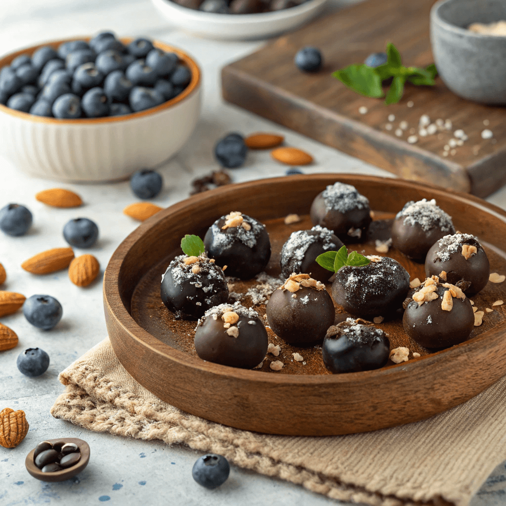 Homemade chocolate covered blueberries arranged on a serving tray
