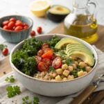 Close-up of homemade Jennifer Aniston Salad with light dressing drizzled on top