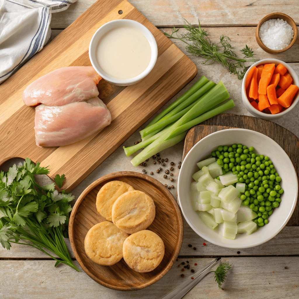 Ingredients for chicken cobbler arranged on a wooden board including chicken, vegetables, and biscuit dough