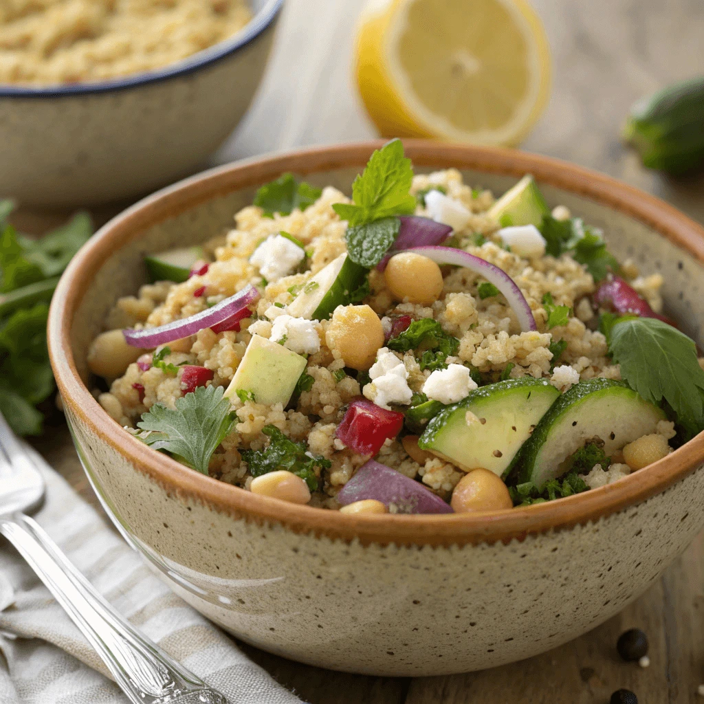 Close-up of Jennifer Aniston’s favorite salad with a lemon vinaigrette drizzle.