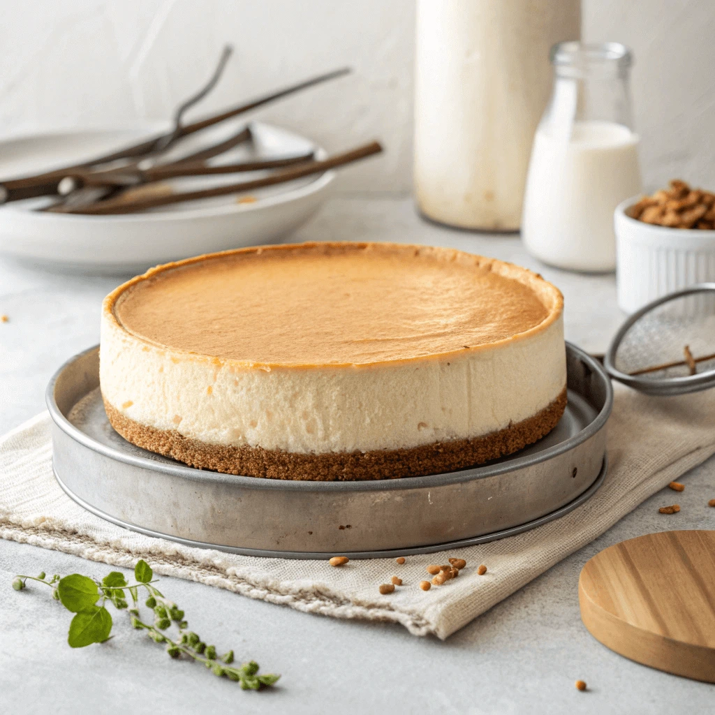 Keto-friendly vanilla protein cheesecake with almond flour crust in a springform pan.