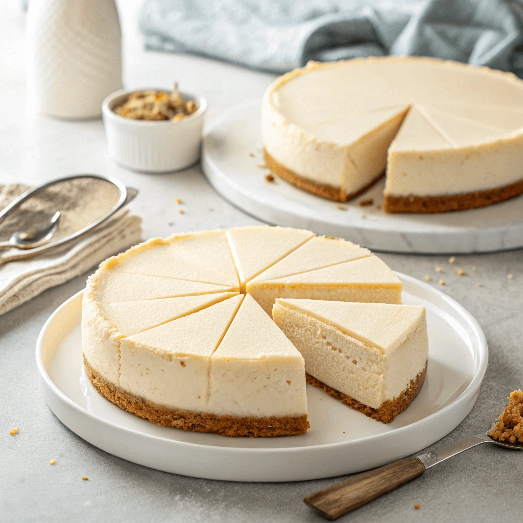 Close-up of a keto vanilla high-protein cheesecake with almond flour crust on a white plate