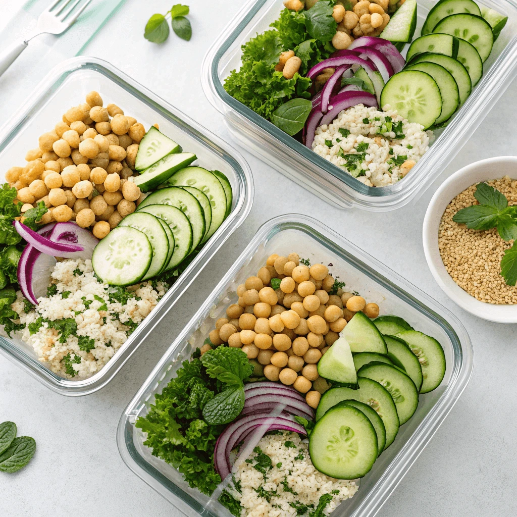 Meal prep containers filled with Jennifer Aniston Salad ready for healthy lunches