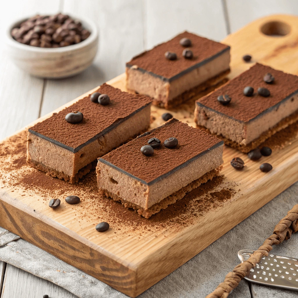 No-bake chocolate protein cheesecake bars arranged on a wooden board.