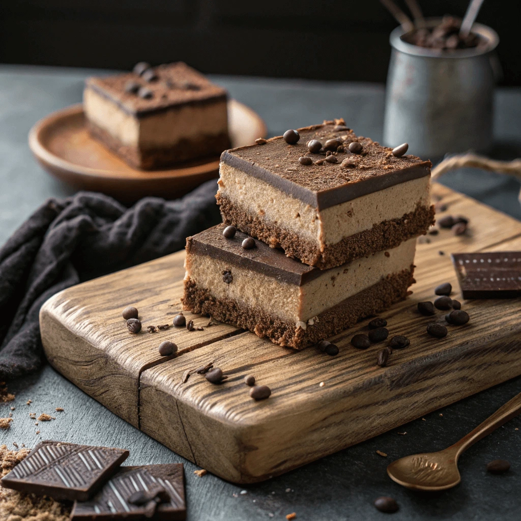 No-bake chocolate whey protein cheesecake bars stacked on a rustic wooden board