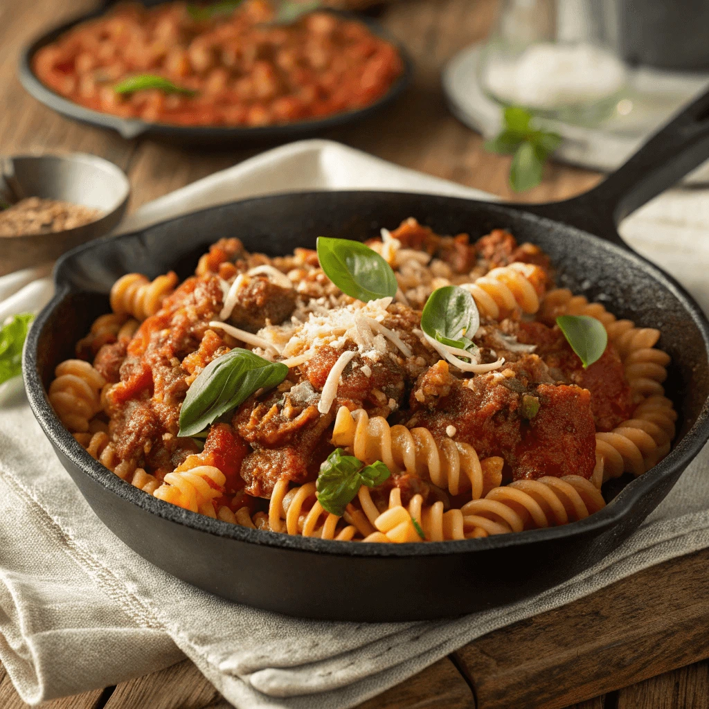 One-pot ground turkey marinara pasta garnished with basil leaves