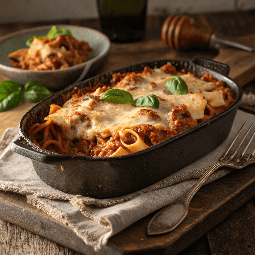 Baked ground turkey pasta casserole with melted mozzarella